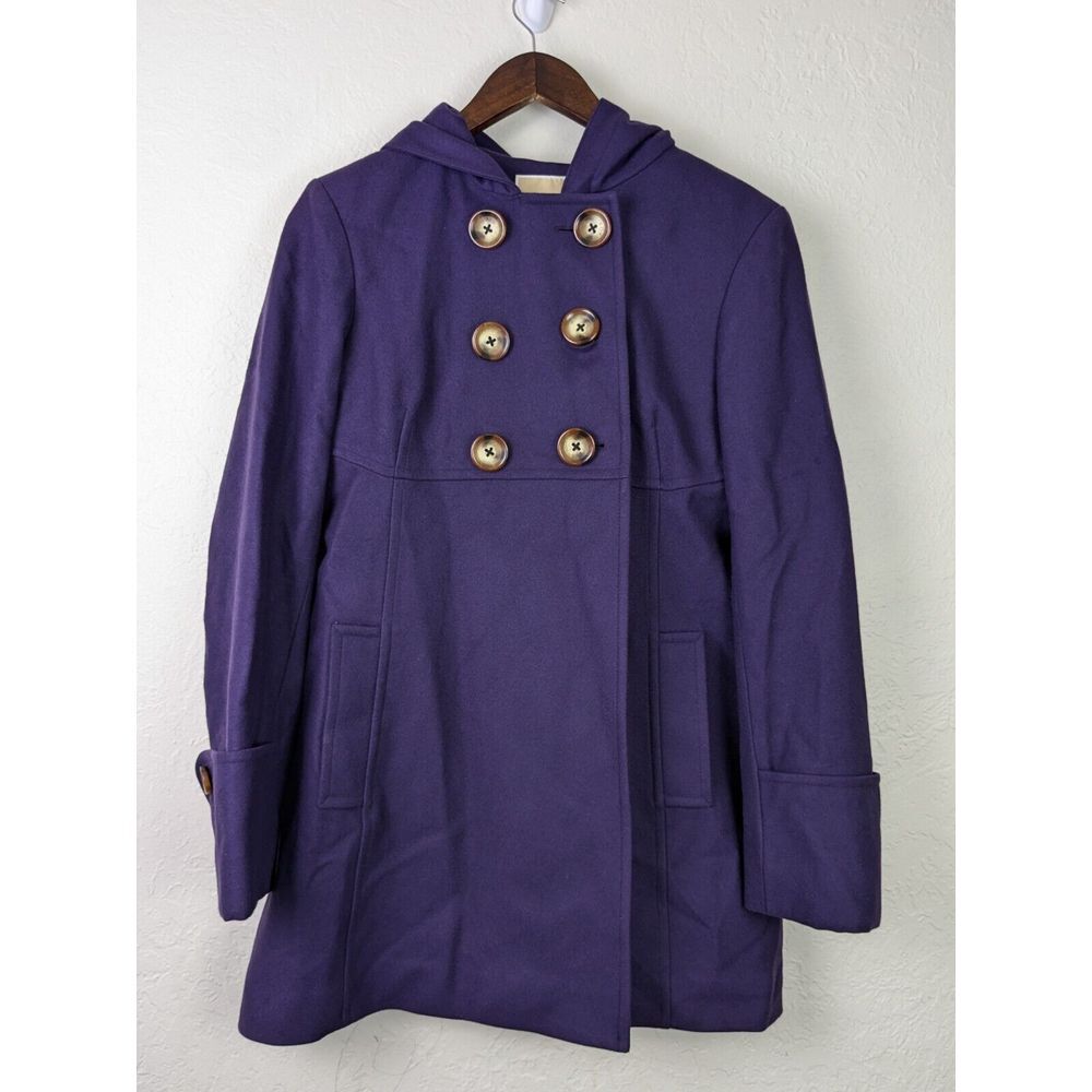 Michael Kors Womens Wool Overcoat‎ Sz 10 Purple Hooded Pea Coat Winter Jacket
